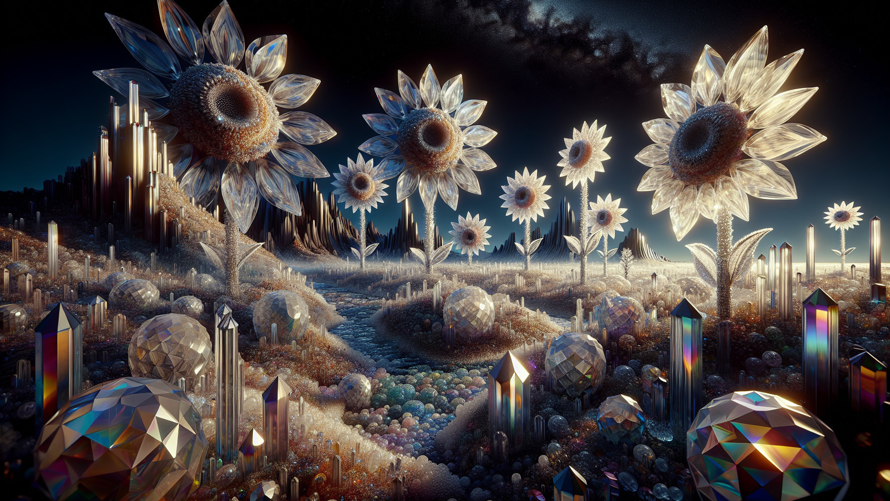 Surreal Landscape with Crystalline Flowers and Gems