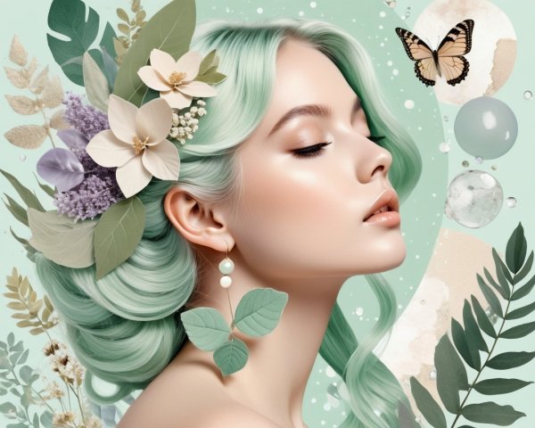Profile of a Woman with Mint-Green Hair and Flowers