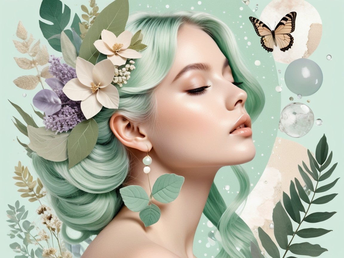 Profile of a Woman with Mint-Green Hair and Flowers