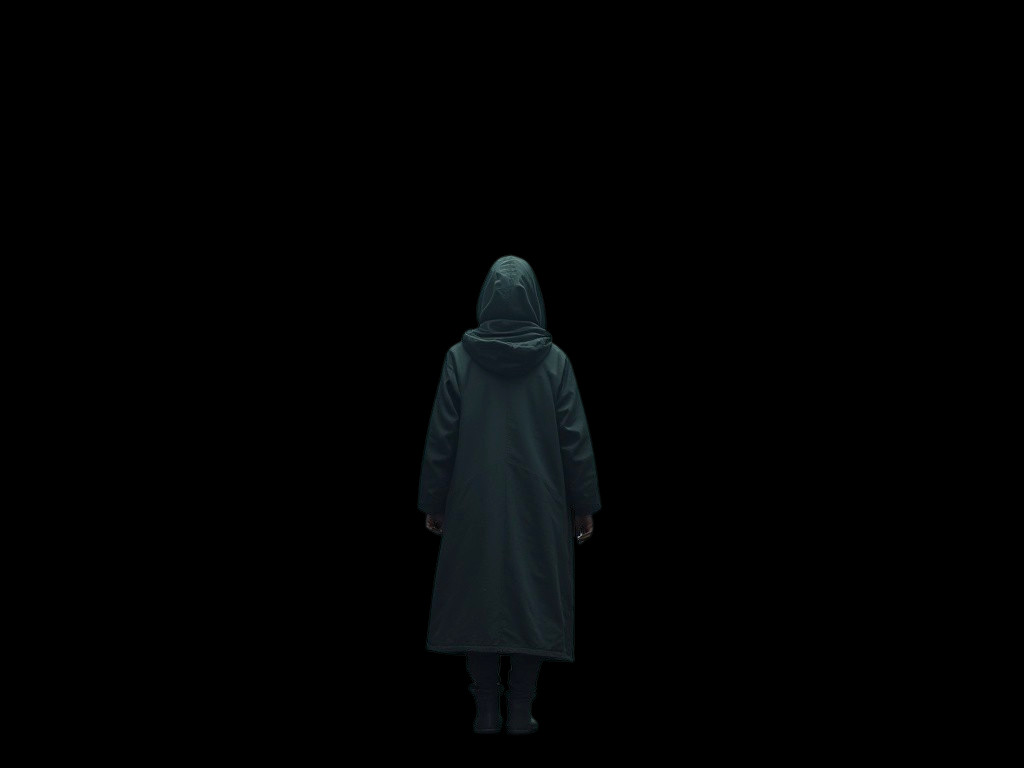 Solitary Figure in Dark Coat Against Black Background