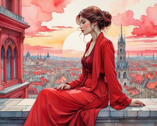 Woman in Red Dress Overlooking City at Sunset