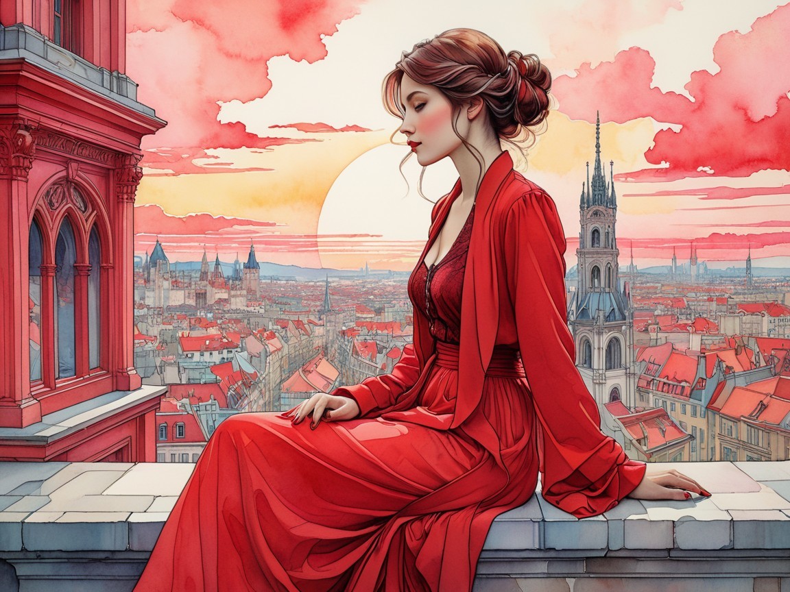 Woman in Red Dress Overlooking City at Sunset