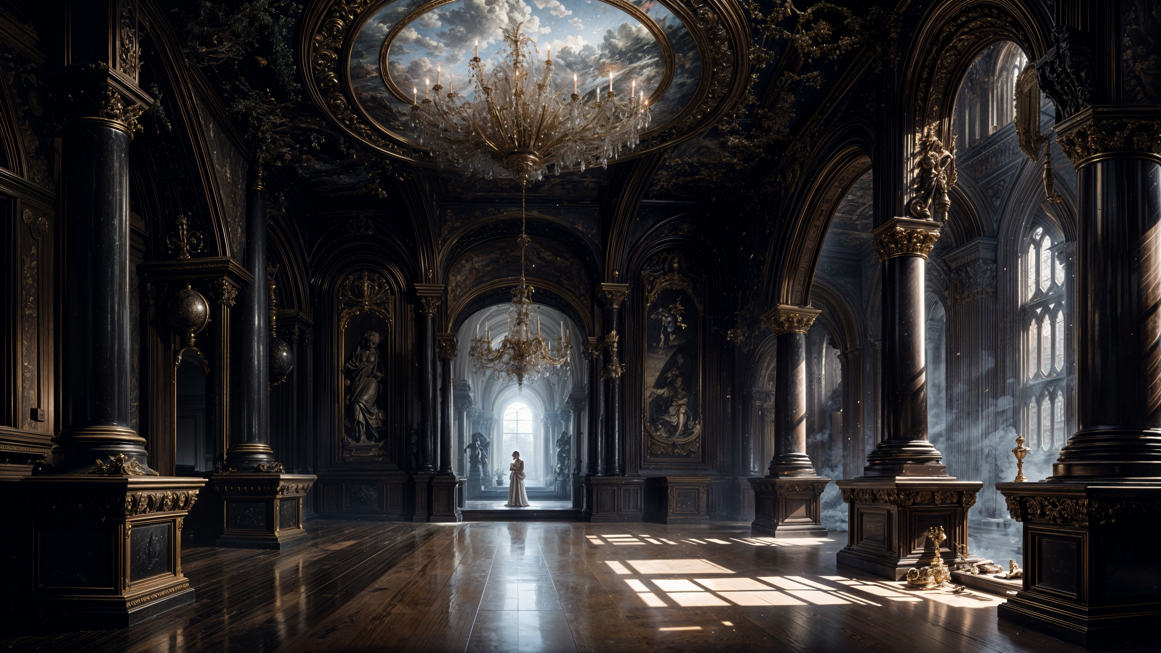 Opulent Grand Hall with Towering Columns and Chandelier