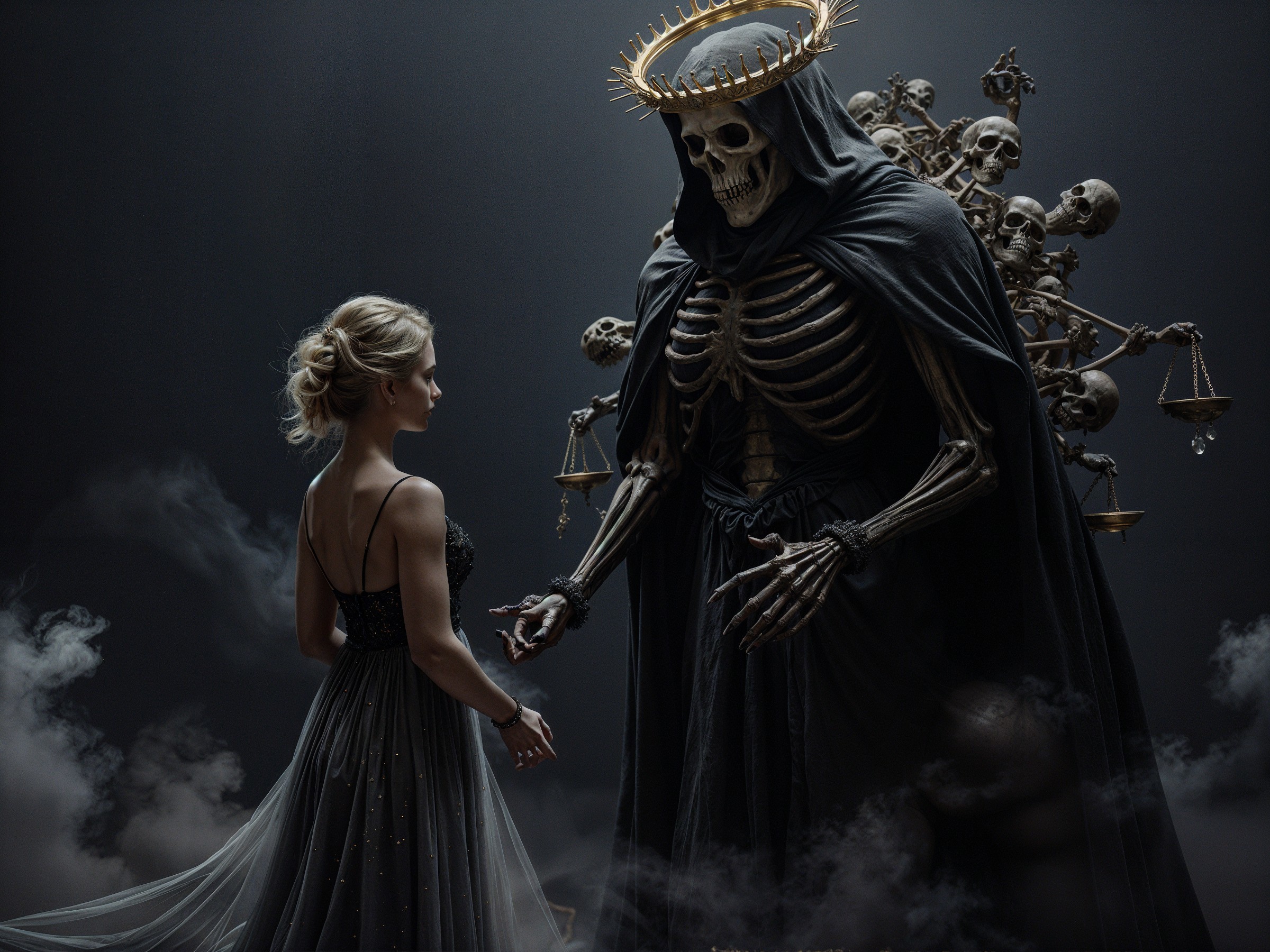 Ethereal Scene of Woman and Towering Skeleton