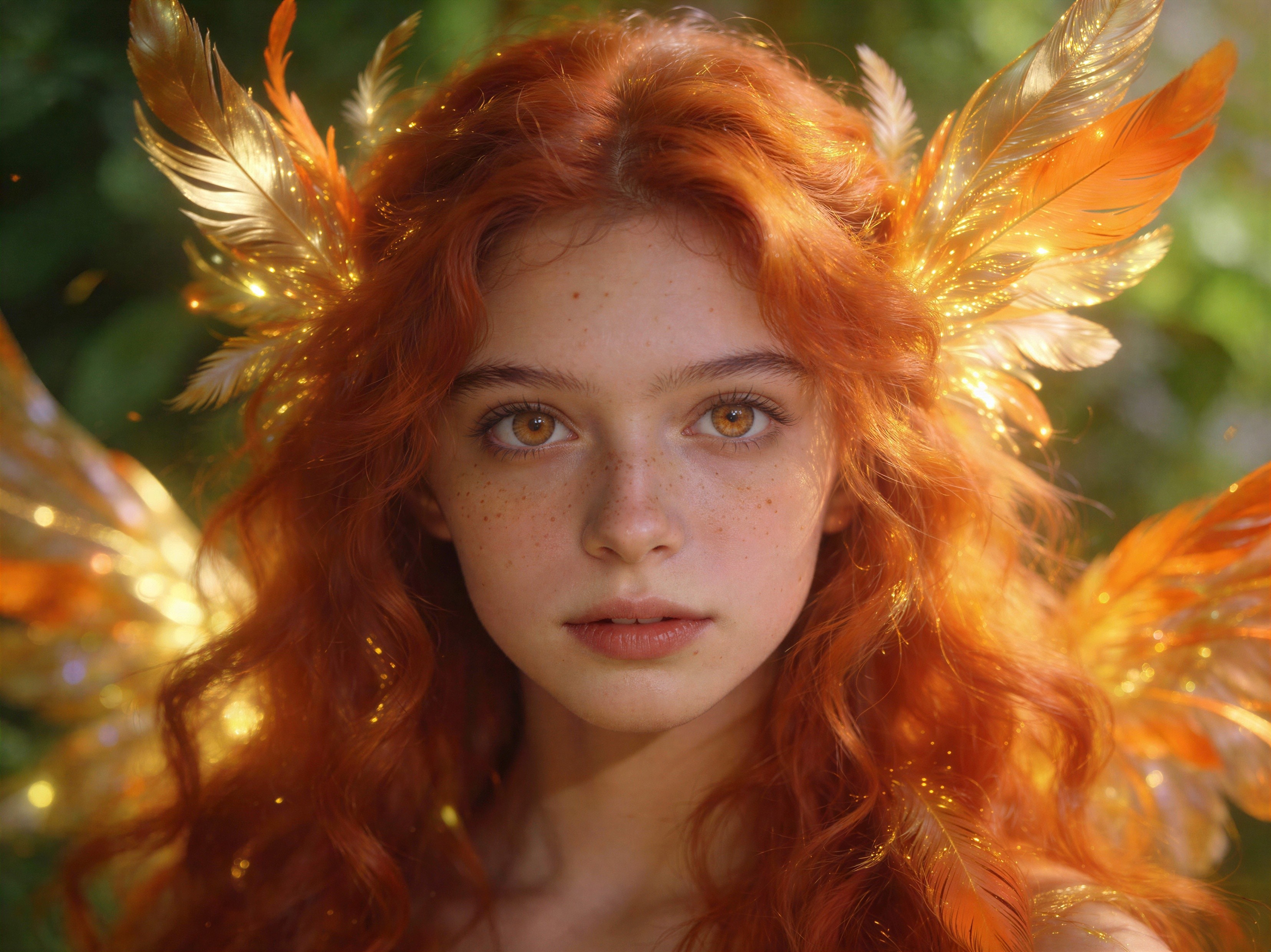 Closeup of a girl with fiery red hair and feather wings