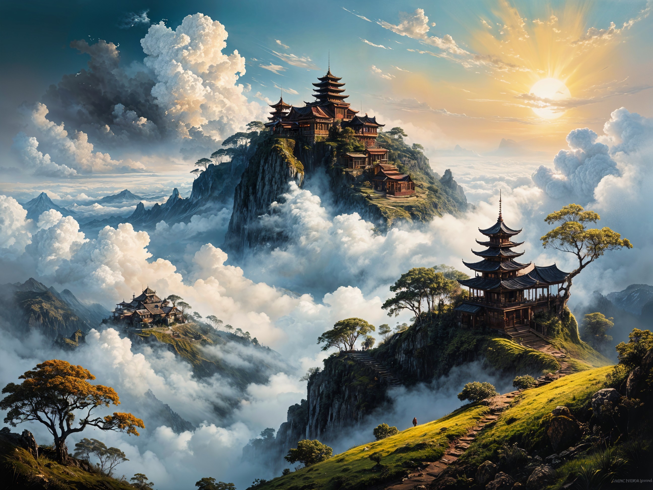 Mountain Landscape with Pagodas and Sunset Glow