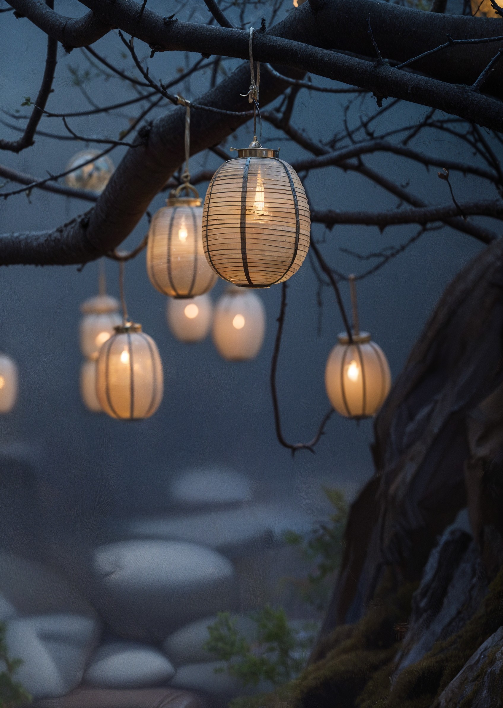 Glowing Lanterns in a Misty Enchanted Forest