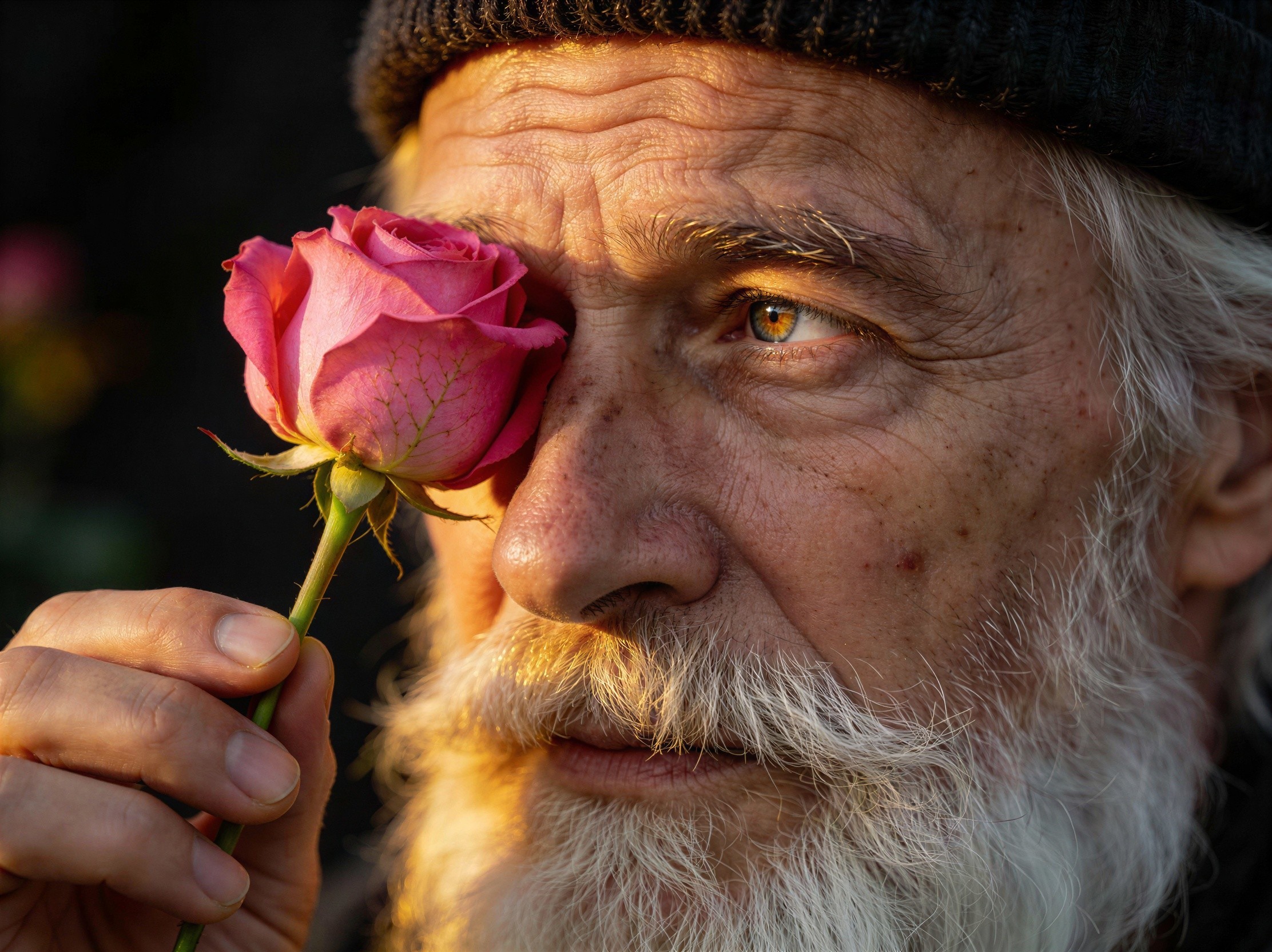 Close-up portrait of an elderly man with a rose