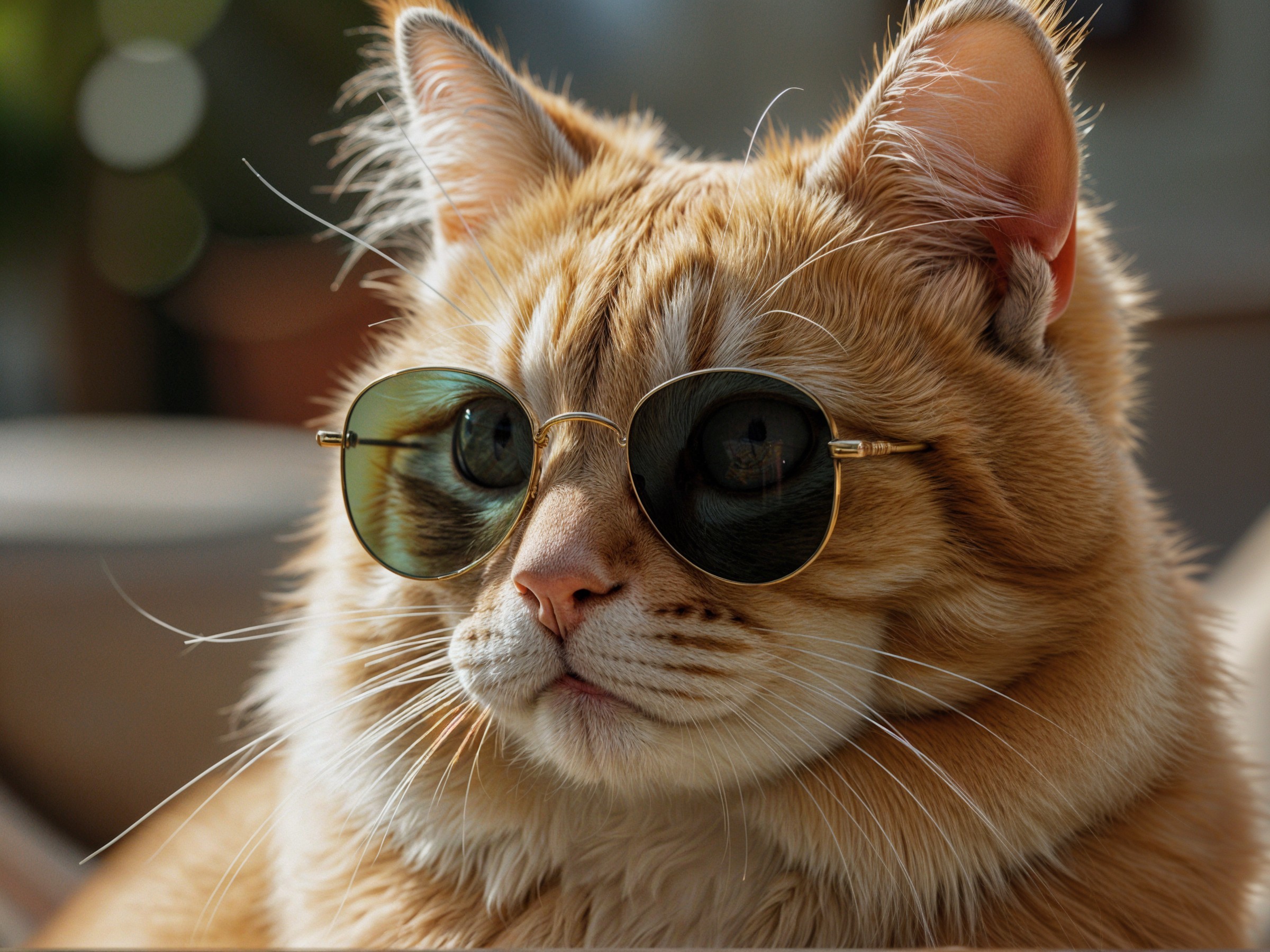 Fluffy Ginger Cat in Sunglasses Relaxing in Sunlight