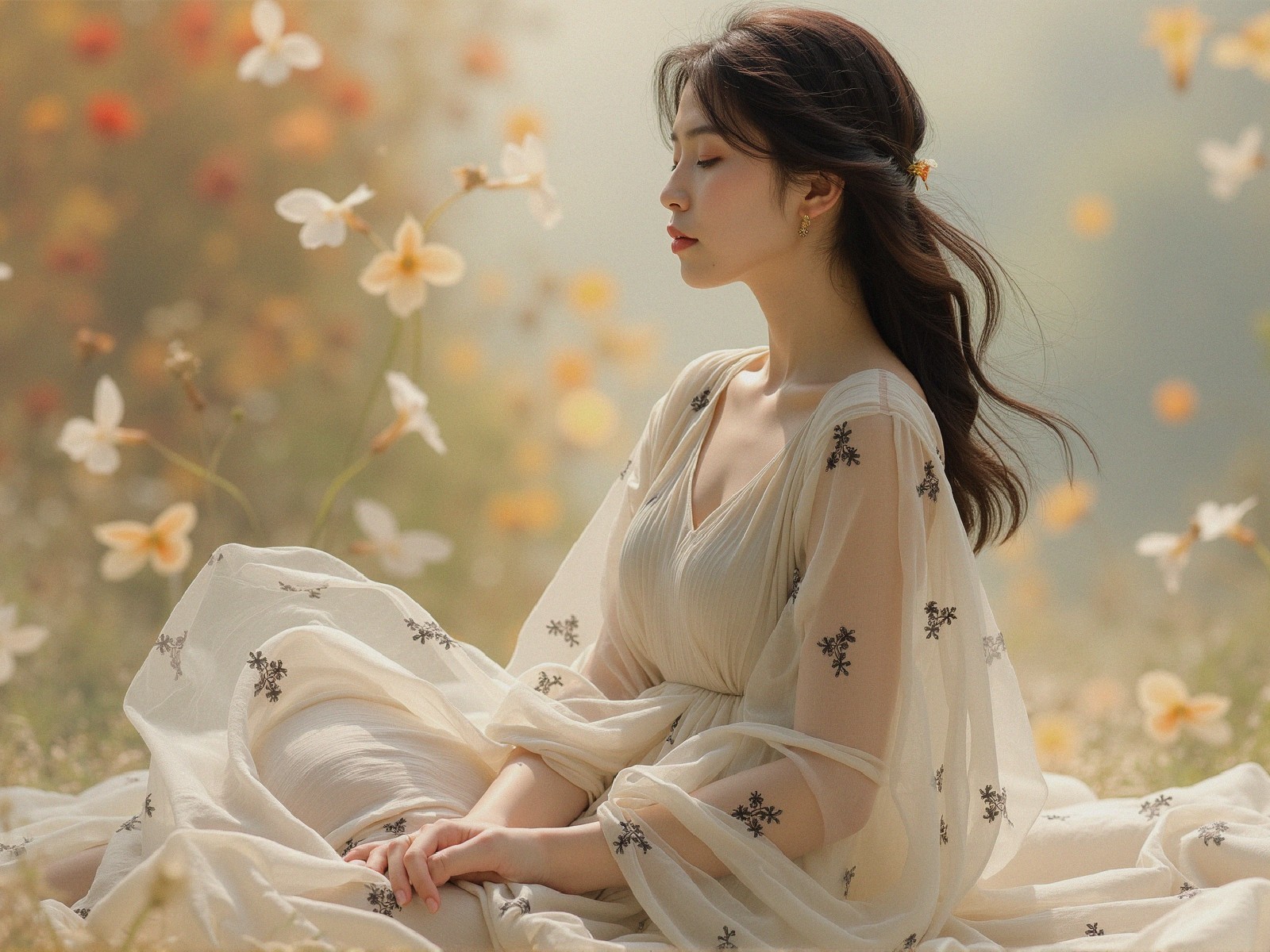 Serene Woman in Sunlit Field with Floral Dress