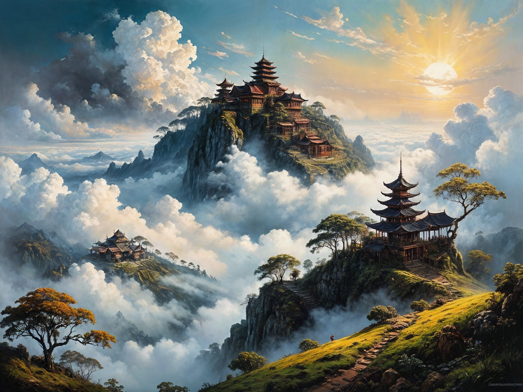 Majestic Mountain Landscape with Traditional Pagodas
