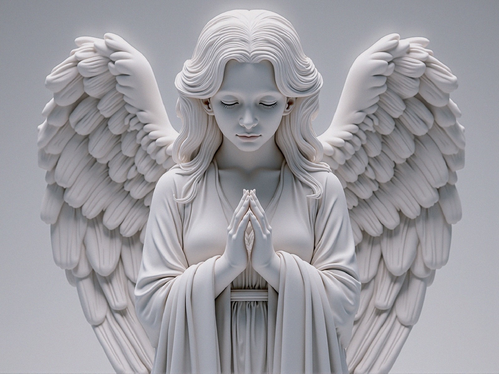 Elegant White Angel with Detailed Wings and Prayer Pose
