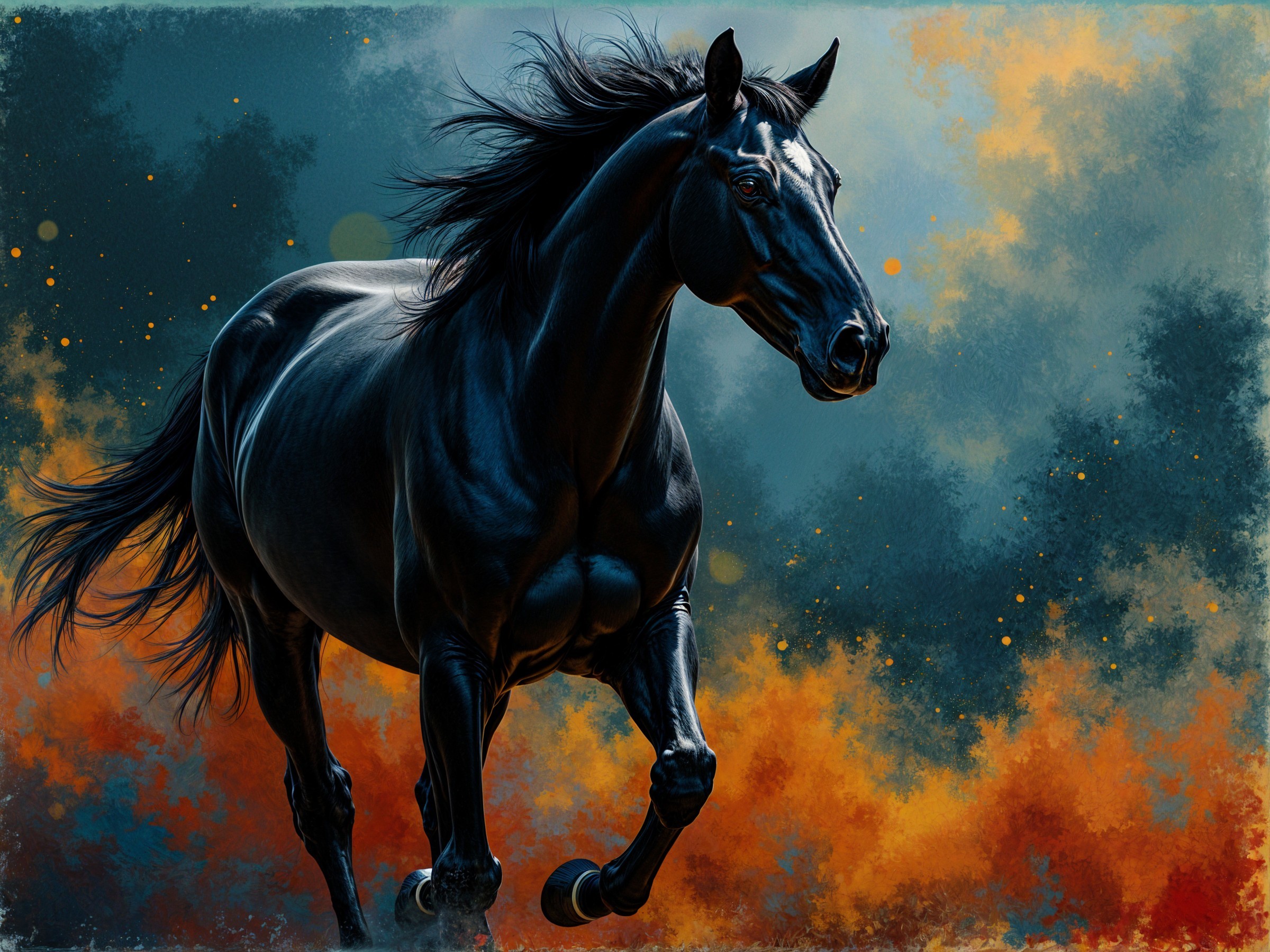 Black Stallion Galloping Against Vibrant Background