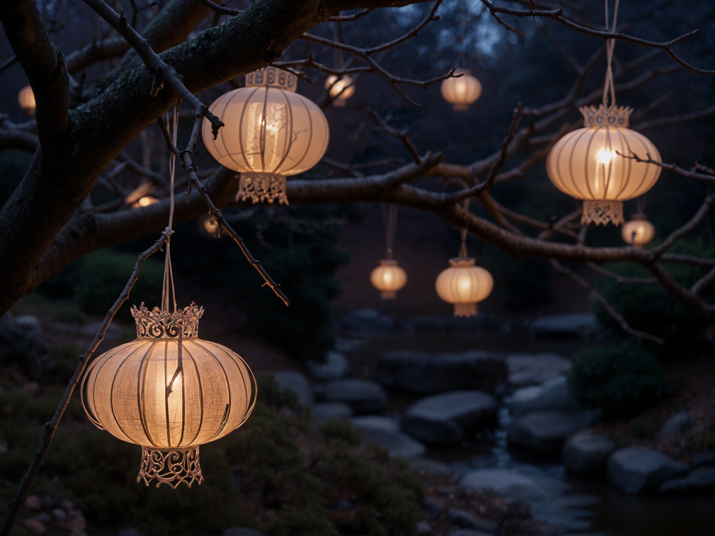 Tranquil Scene with Glowing Lanterns and Nature