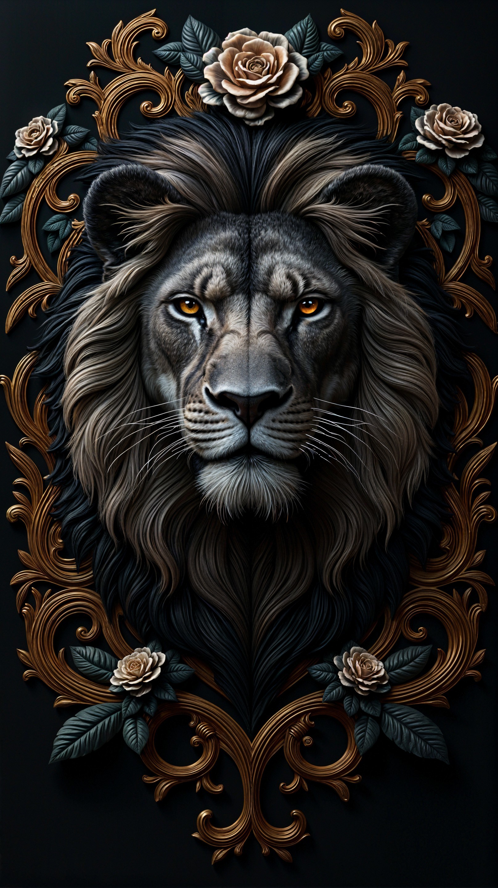 Intricate Lion's Head Design with Floral Elements