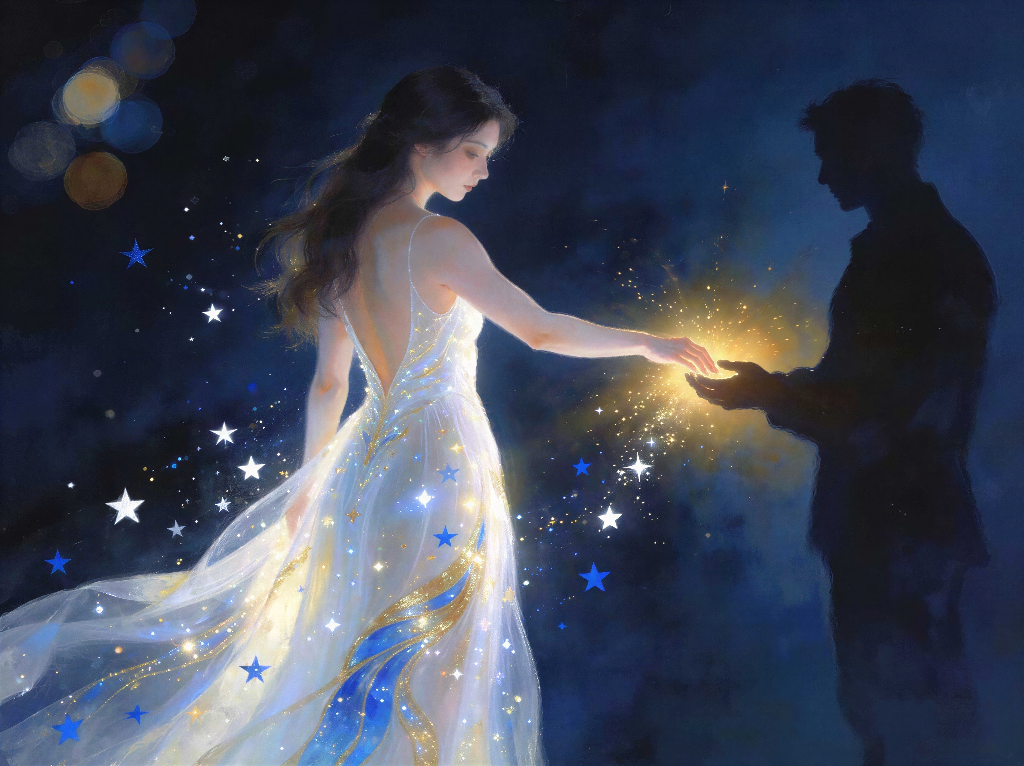 Painting of a woman in a white dress with magic sparkles