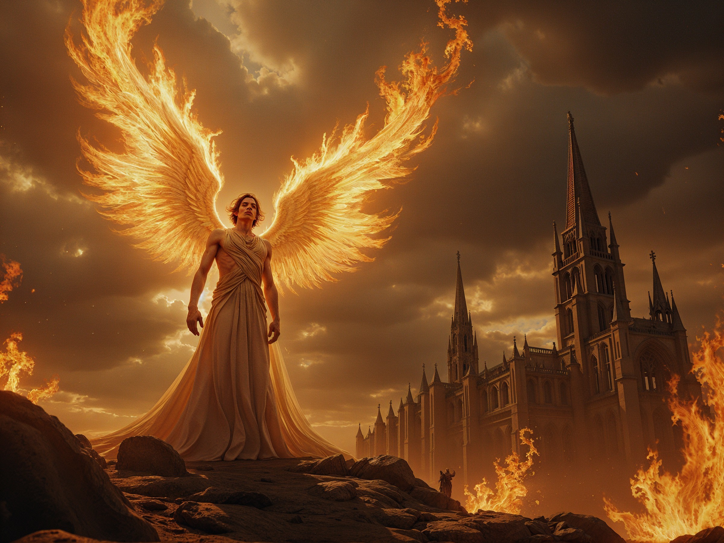 Majestic angel with fiery wings and grand cathedral