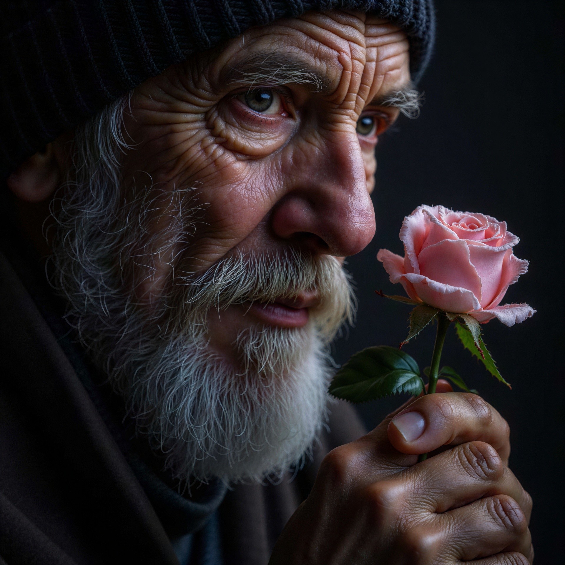 Close-Up Portrait of an Old Homeless Man with Rose