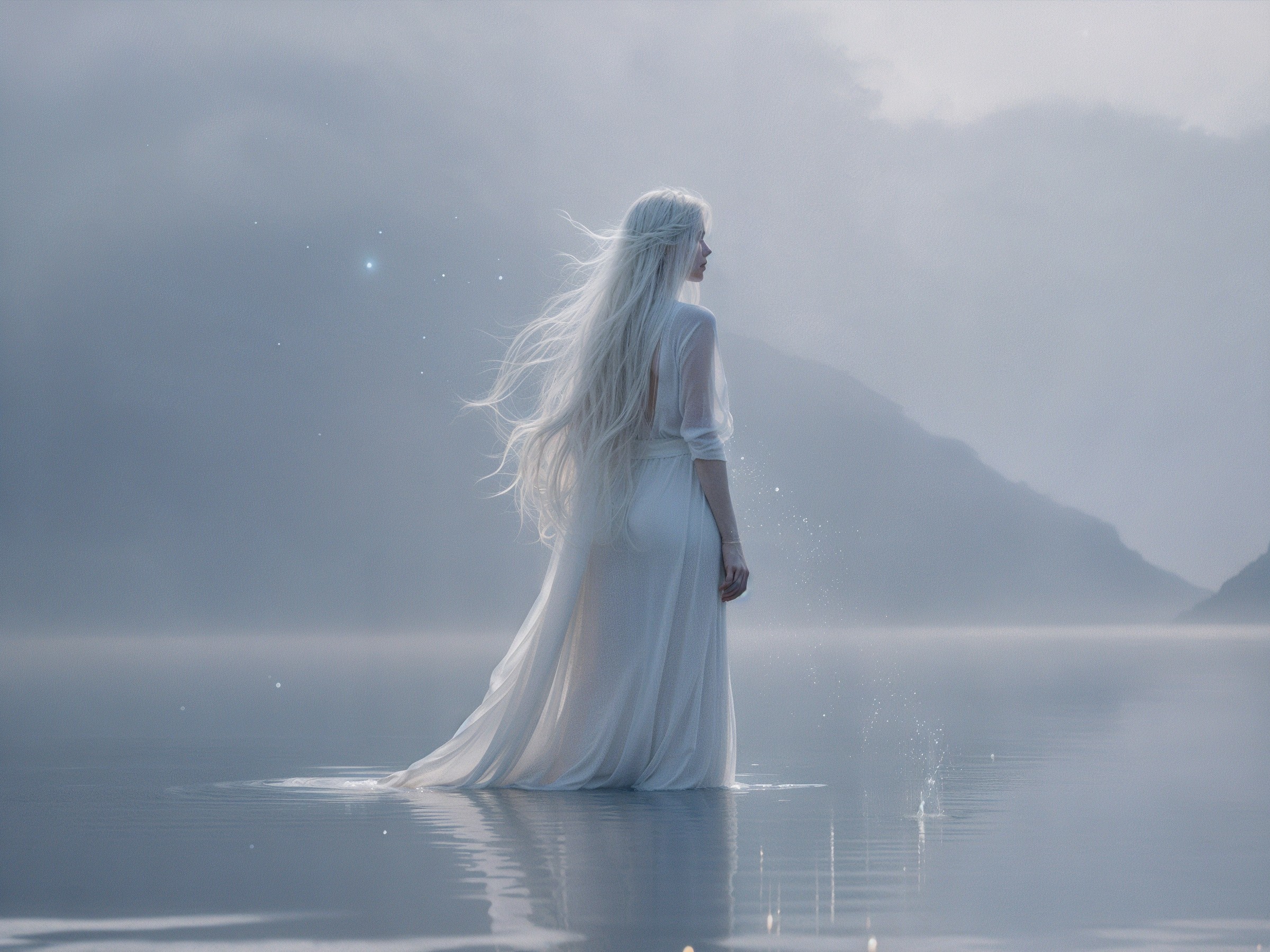 Lone figure in white gown by misty mountains and water