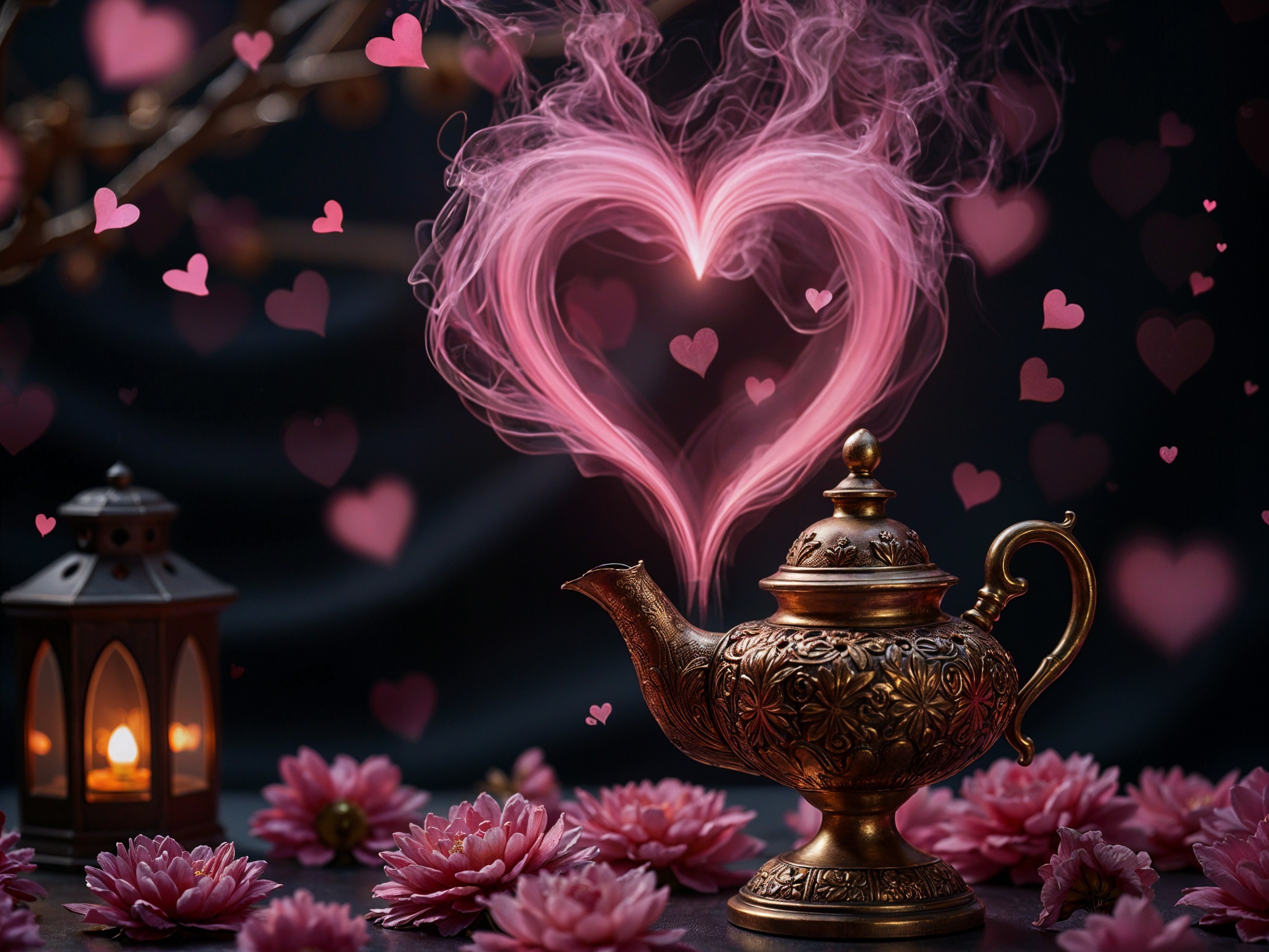 Brass Teapot Surrounded by Pink Lotus Flowers and Smoke