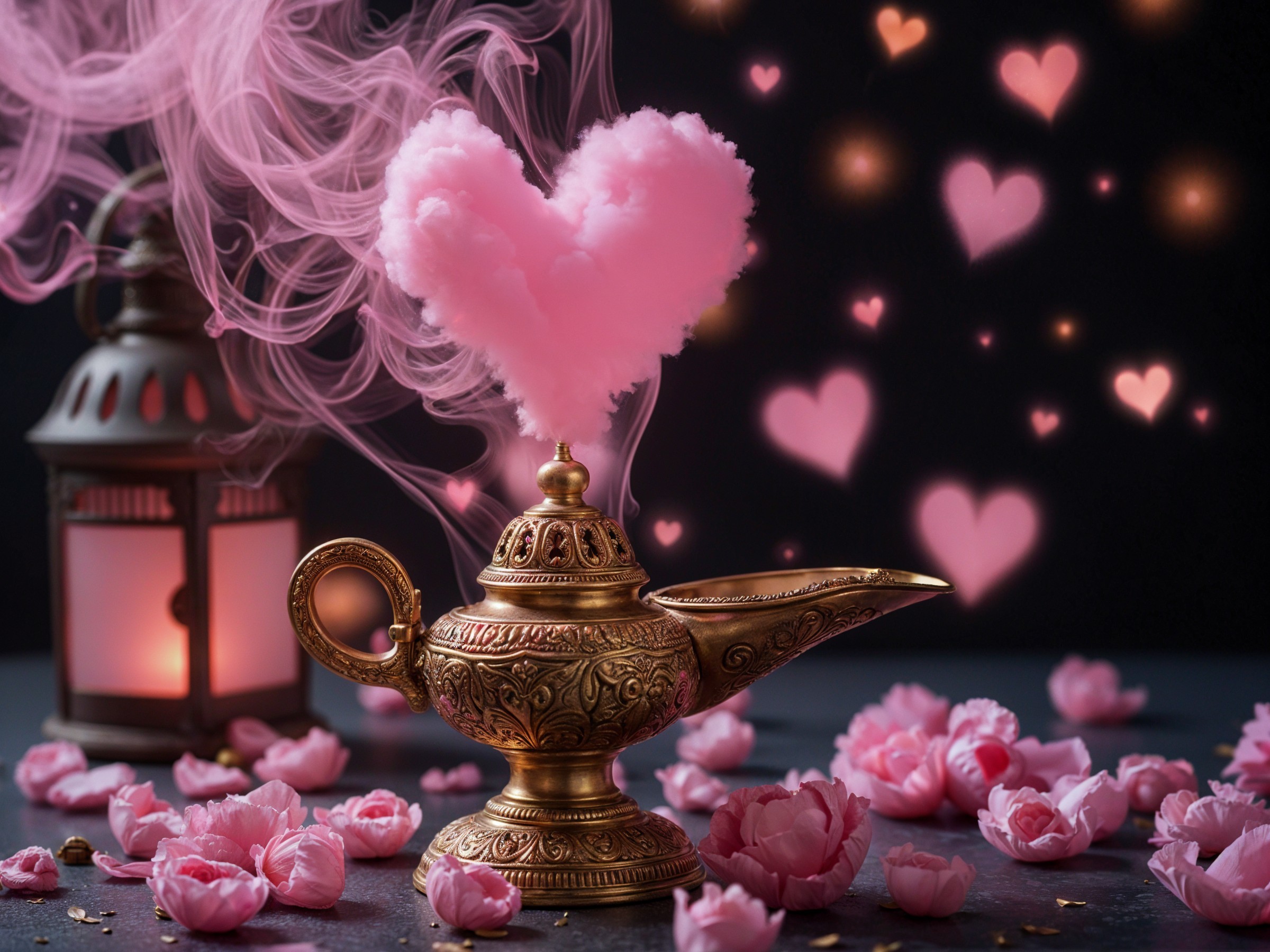 Vintage brass lamp with pink smoke and rose petals