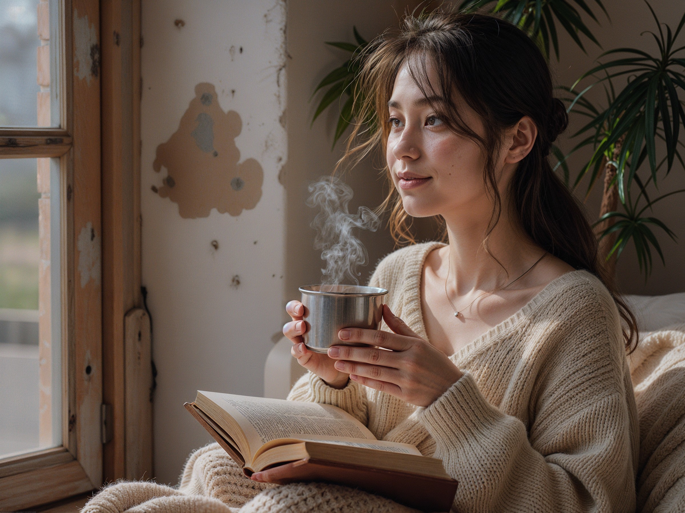 Young woman in cozy sweater by window with book
