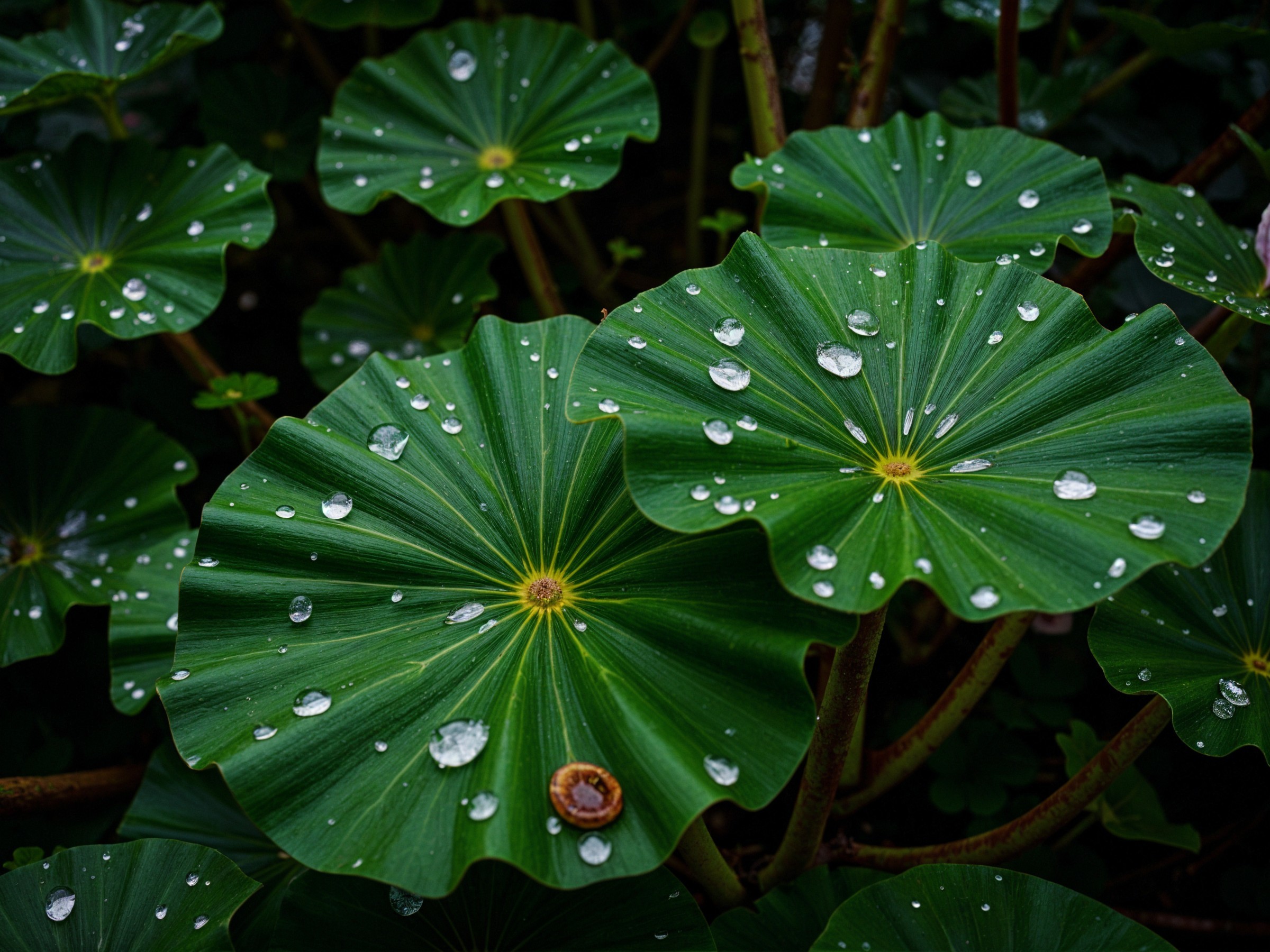 Vibrant Green Lotus Leaves with Water Droplets Close-Up