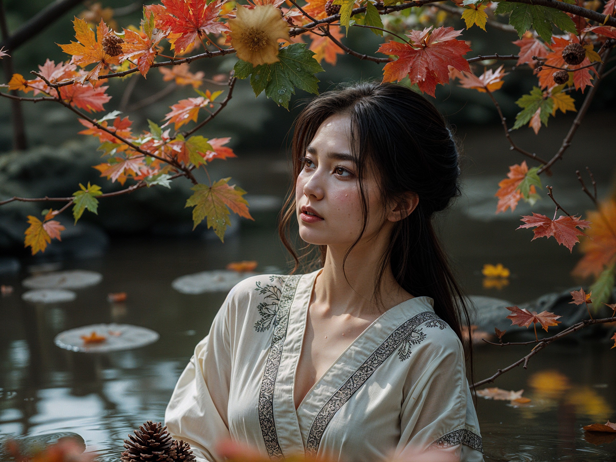 Young Woman in Robe Amidst Autumn Leaves and Pond
