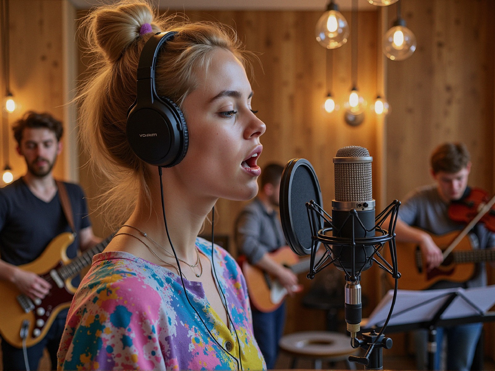 Cozy Studio Scene with Young Woman Singing and Musicians