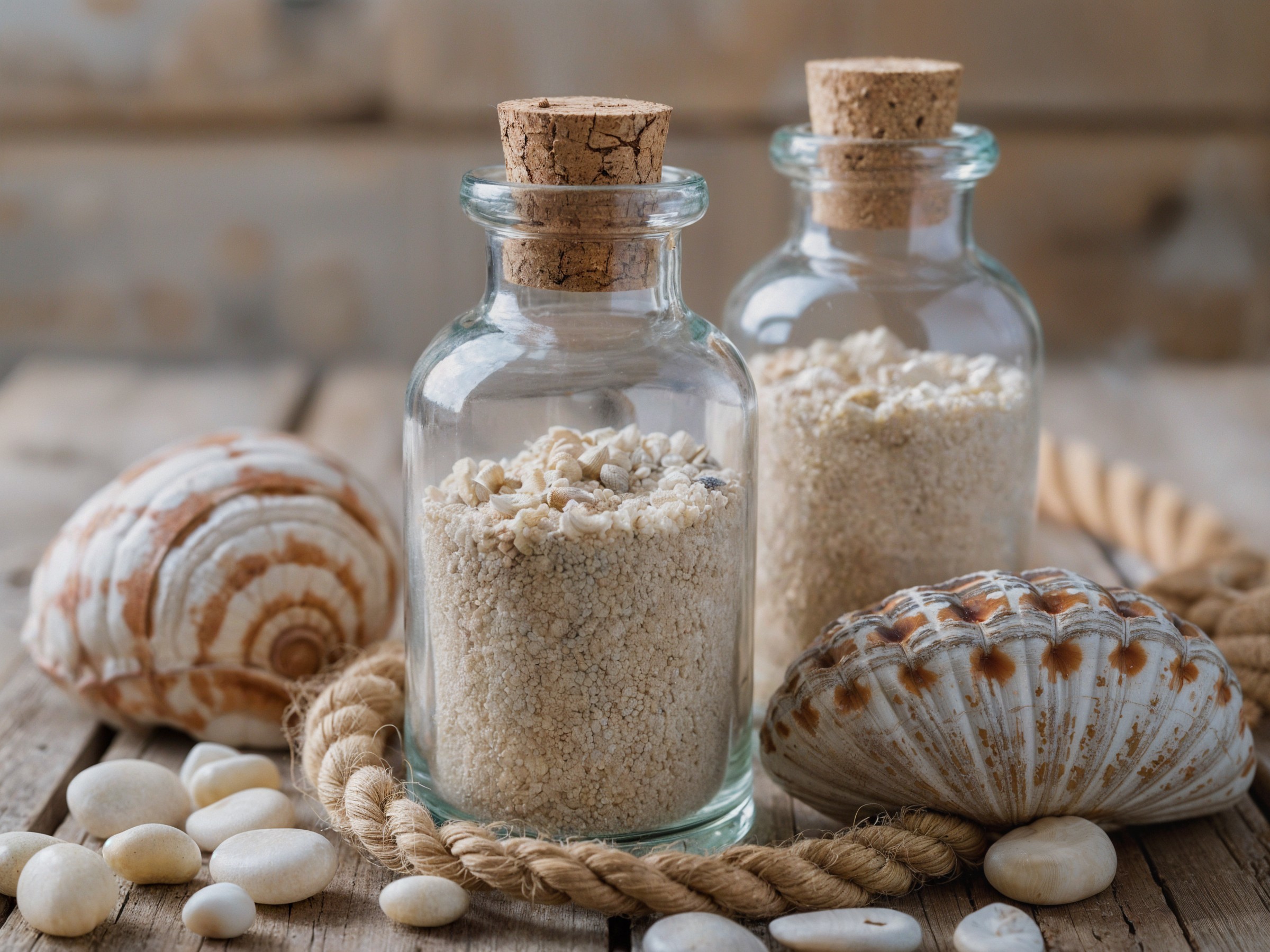 Glass Jars with Sand and Coastal Decor Elements