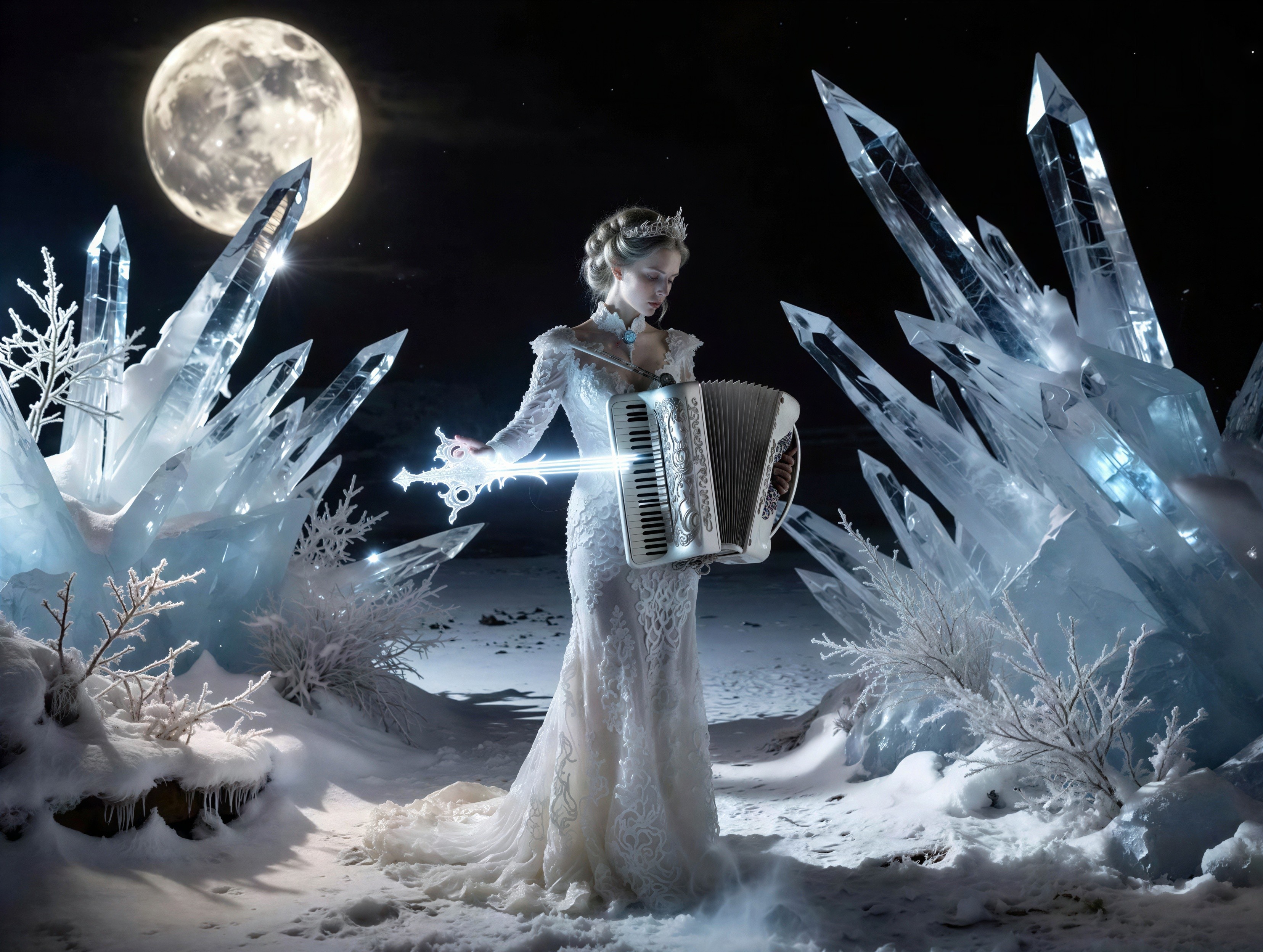 Ice Queen in White Dress with Accordion Under Full Moon