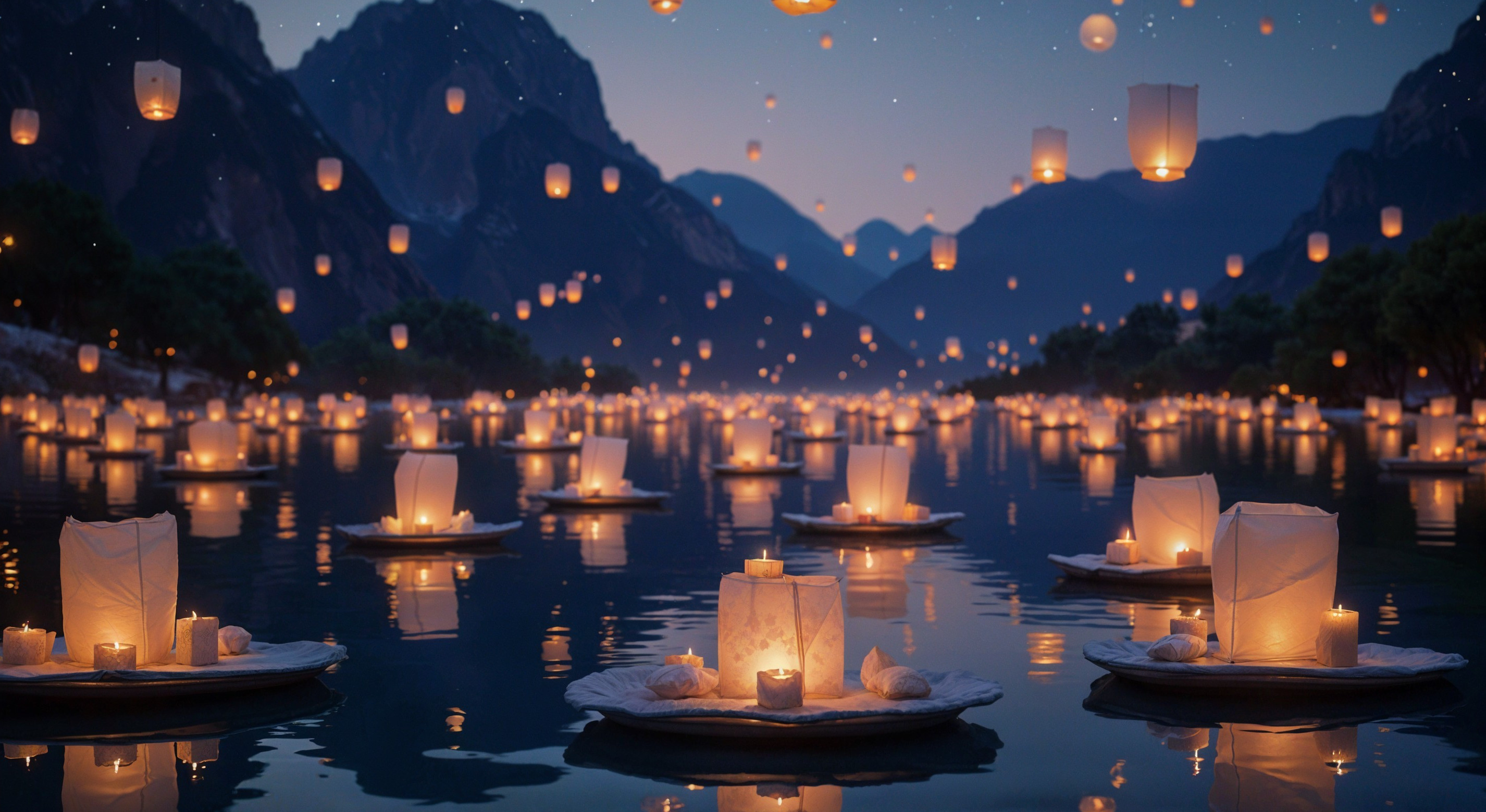 Tranquil Lake Evening with Floating Lanterns and Mountains