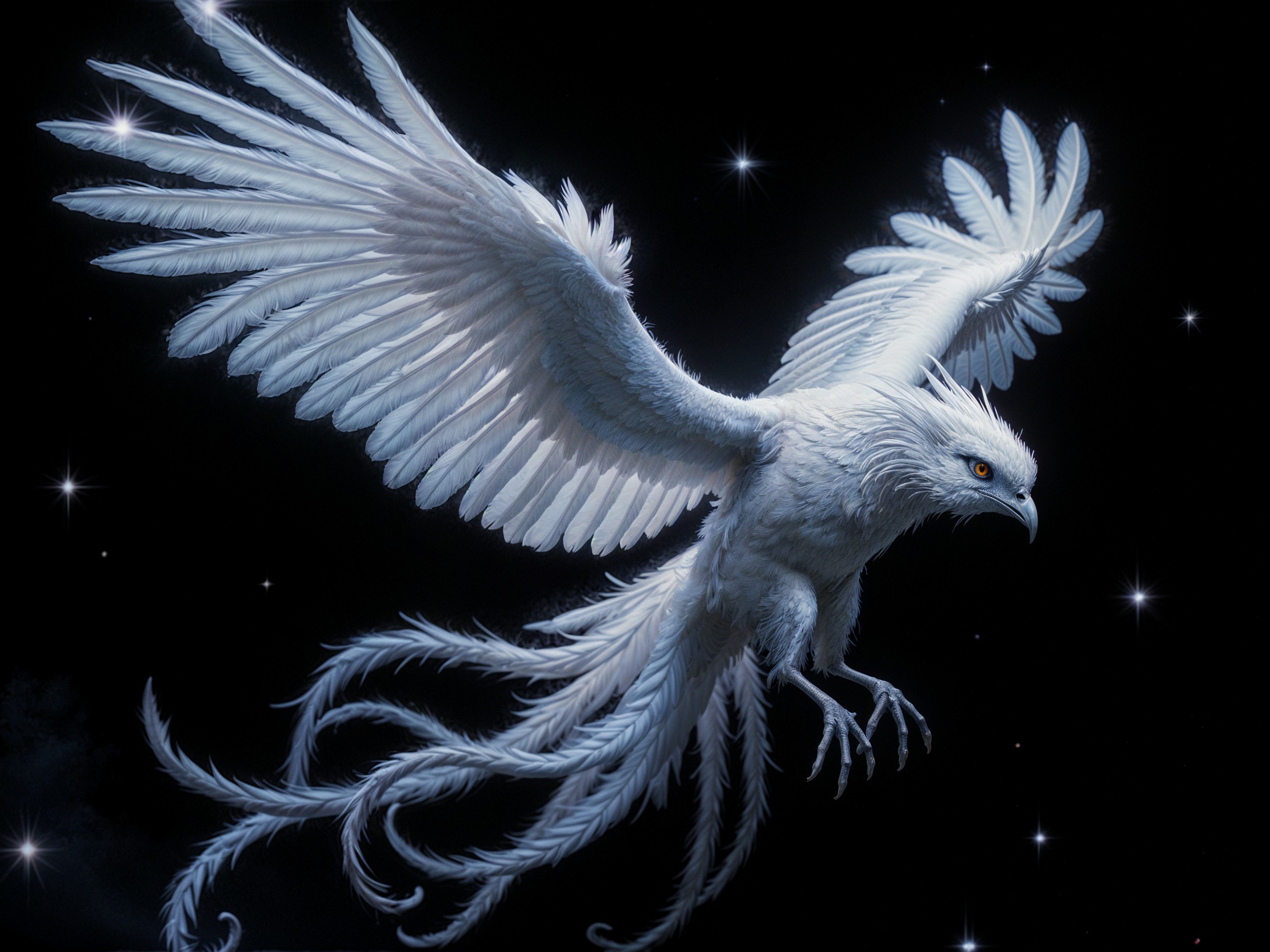 White Phoenix Soaring in Starry Night Sky