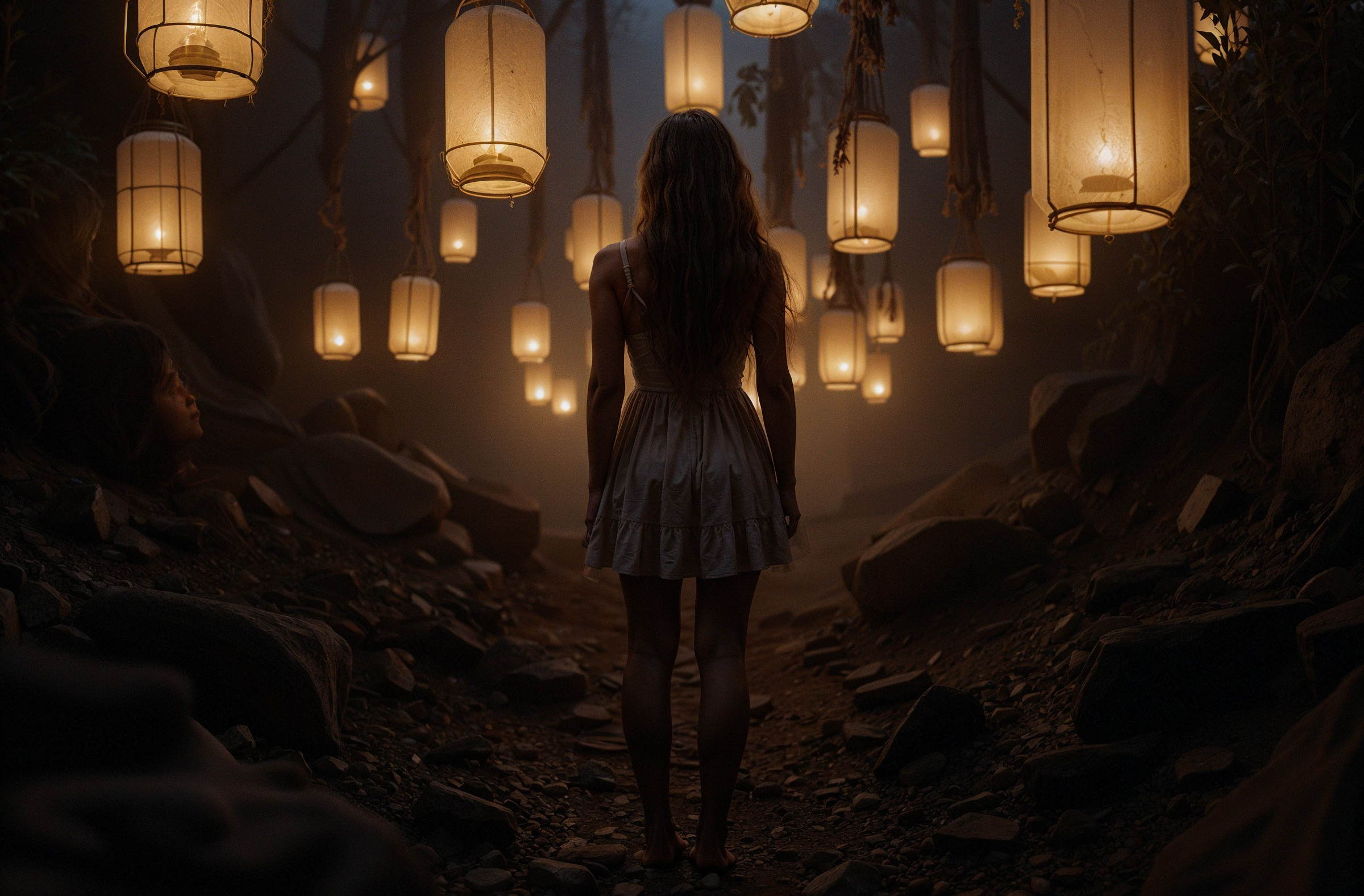 Young woman in a lantern-lit mystical forest setting