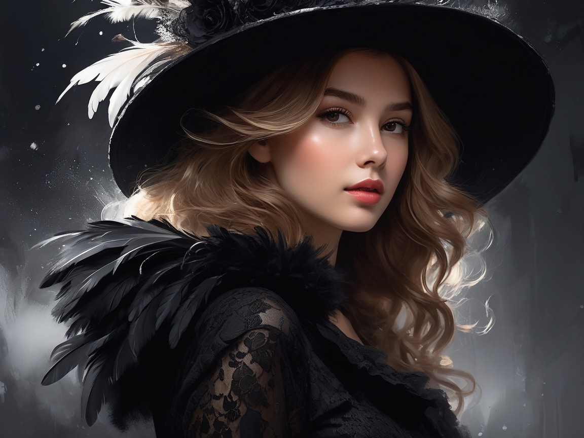 Elegant Woman in Black Hat with Dramatic Neckline