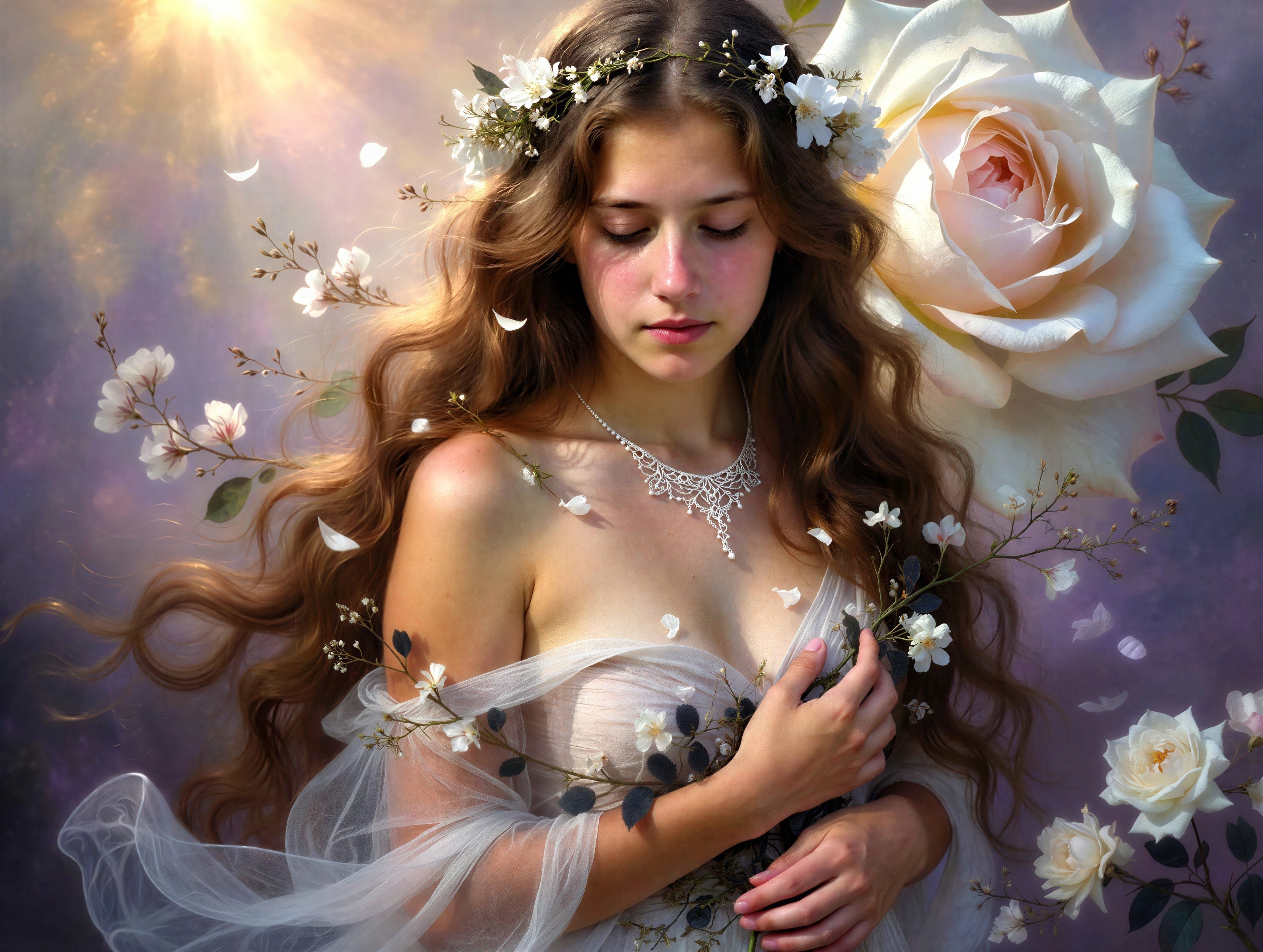 Surreal portrait of a woman with floral elements