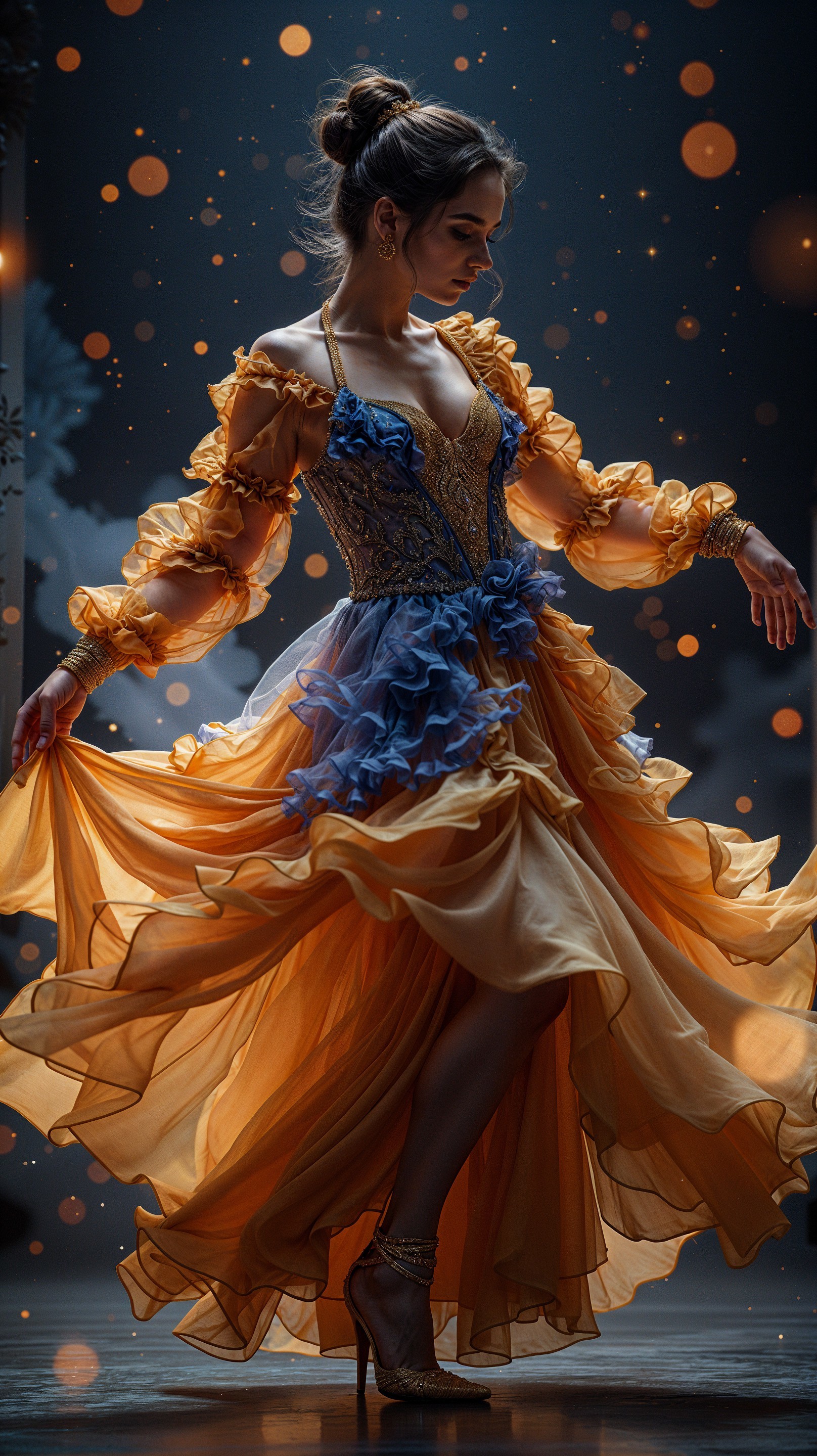 Vibrant Dress with Puffed Sleeves and Ruffles