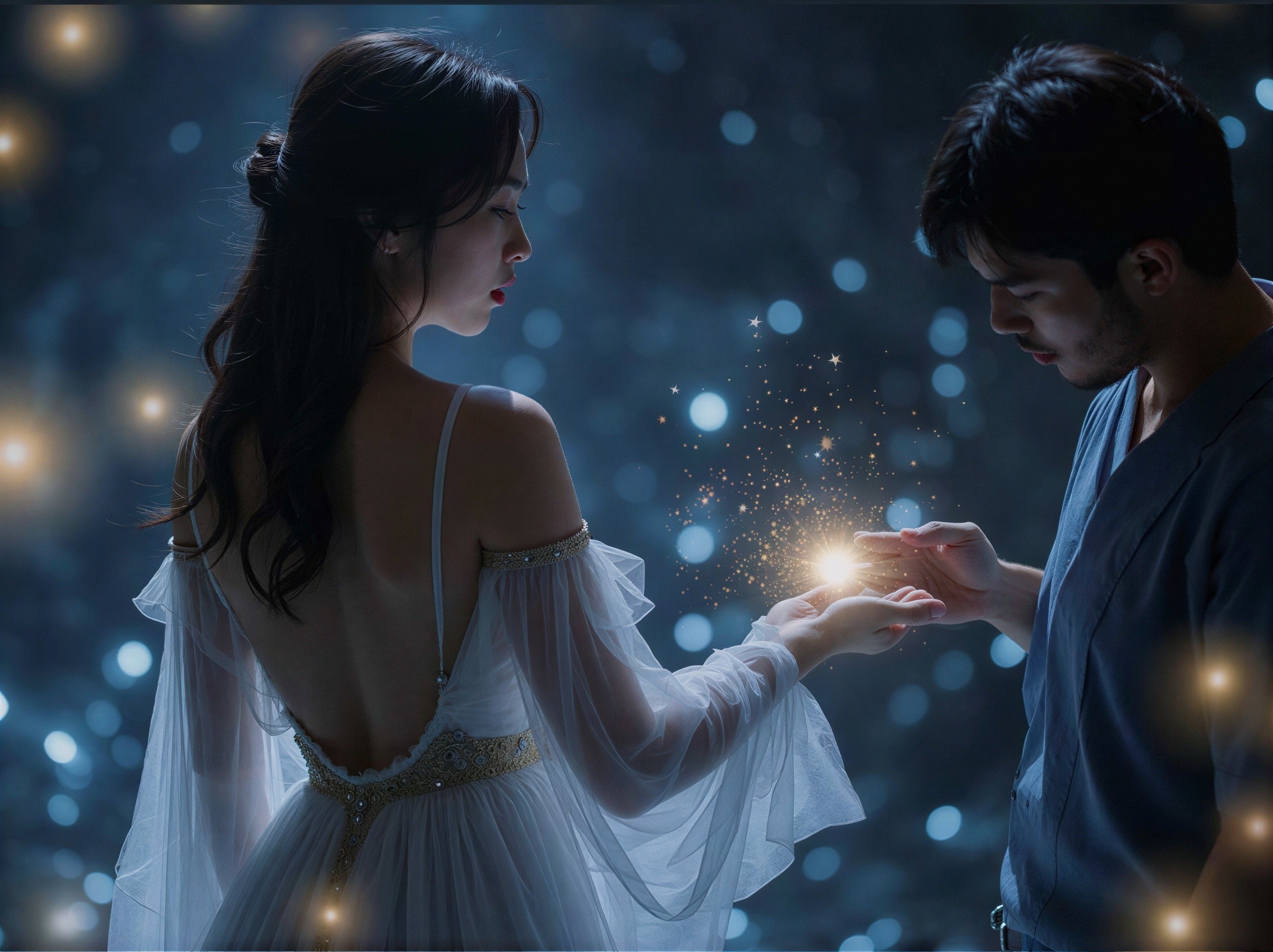 Cinematic Scene of Woman with Glowing Orb and Man