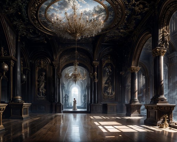 Opulent Grand Hall with Towering Columns and Chandelier