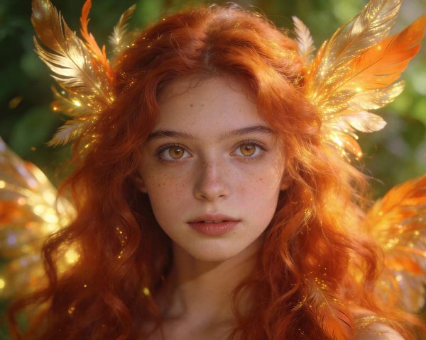 Closeup of a girl with fiery red hair and feather wings