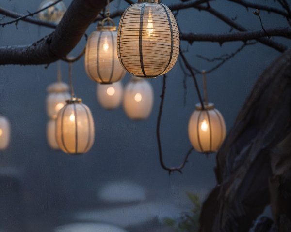 Glowing Lanterns in a Misty Enchanted Forest