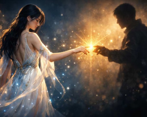 Ethereal Digital Painting of a Fairy and Silhouetted Man