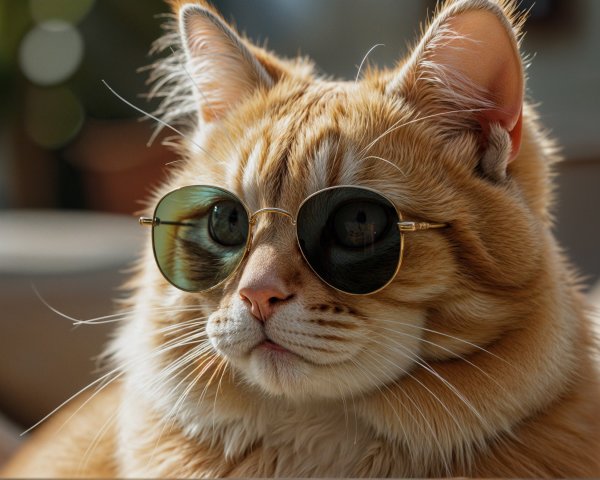 Fluffy Ginger Cat in Sunglasses Relaxing in Sunlight
