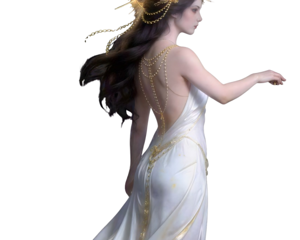 Young woman in white gown with gold embellishments