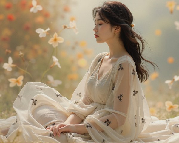 Serene Woman in Sunlit Field with Floral Dress