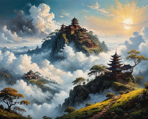 Majestic Mountain Landscape with Traditional Pagodas