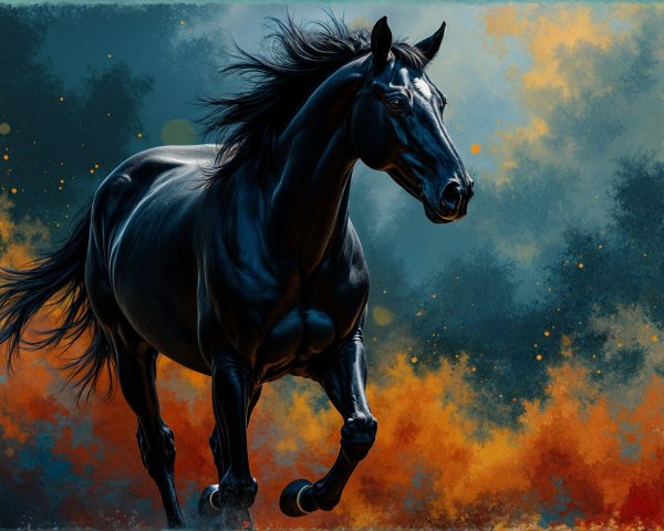 Black Stallion Galloping Against Vibrant Background
