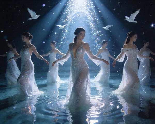 Women in White Dresses in Shimmering Water Circle