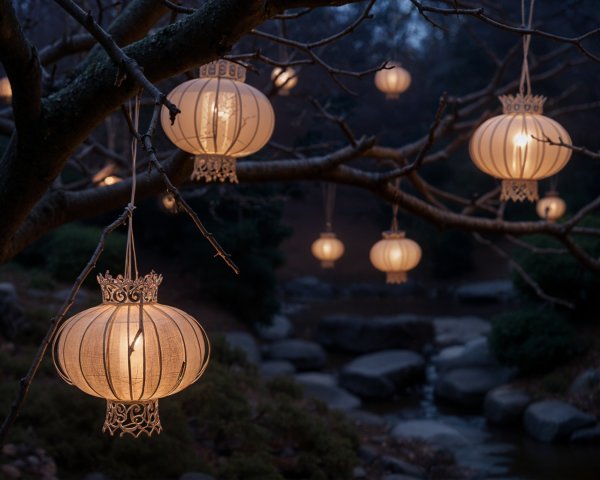 Tranquil Scene with Glowing Lanterns and Nature