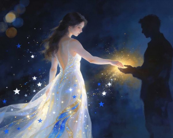 Painting of a woman in a white dress with magic sparkles